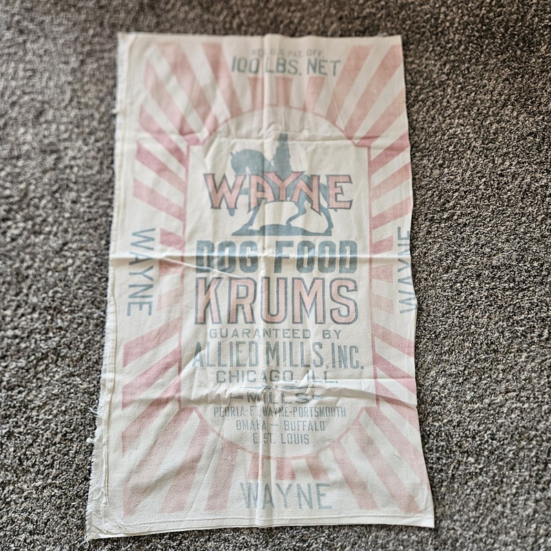 Vtg Wayne Dog Food Krums Feed Sack Bag Farm Primitive Antique Animal Fabric