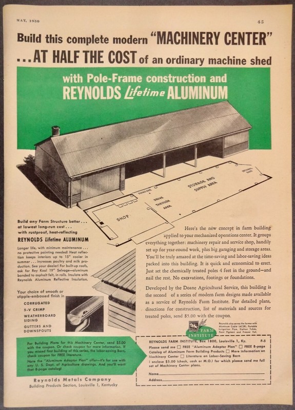 1950 Magazine Ad Reynolds Lifetime Aluminum Pole Frame Farm Machine Shed