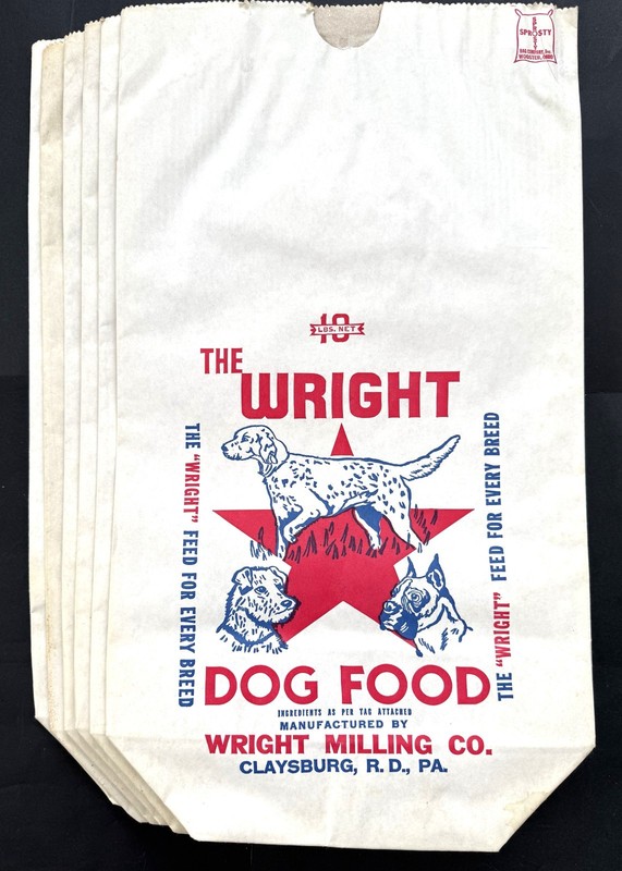 6 vintage unused dog food bags. WRIGHT MILLING CO, Claysburg, (Queen) PA 1960’s