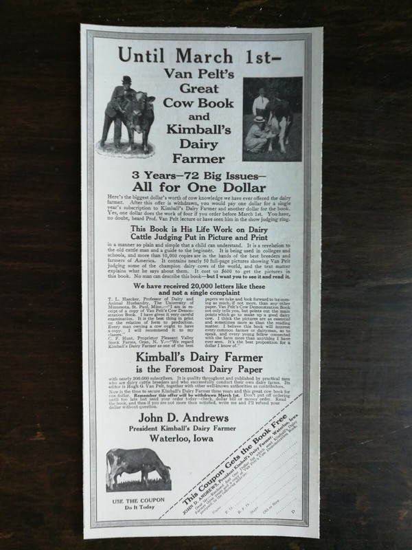 Vintage 1917 Van Pelt’s Great Cow Book & Kimball’s Dairy Farmer Original Ad 222