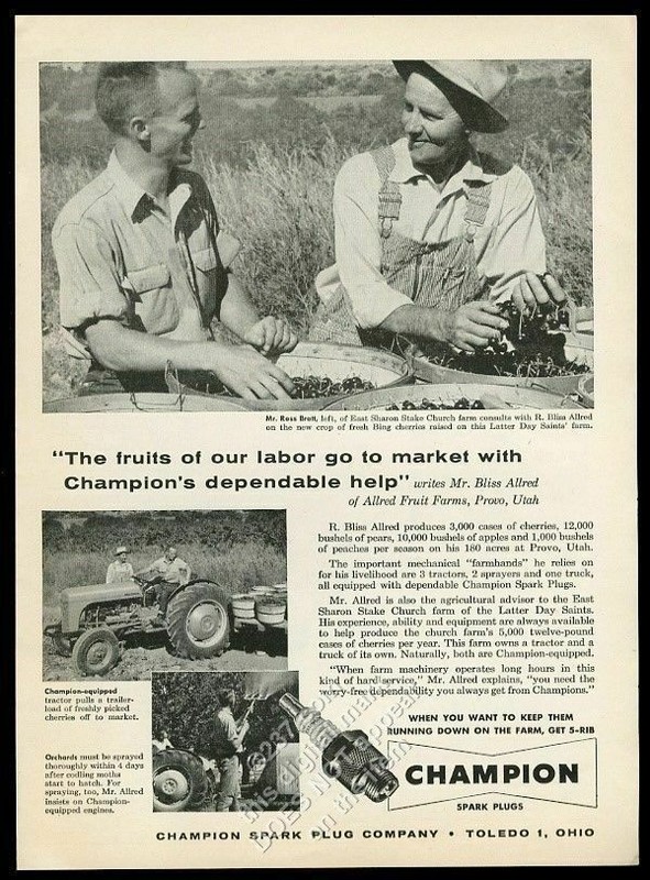 1956 LDS Mormon farm farmer tractor photo Champion spark plugs vintage print ad