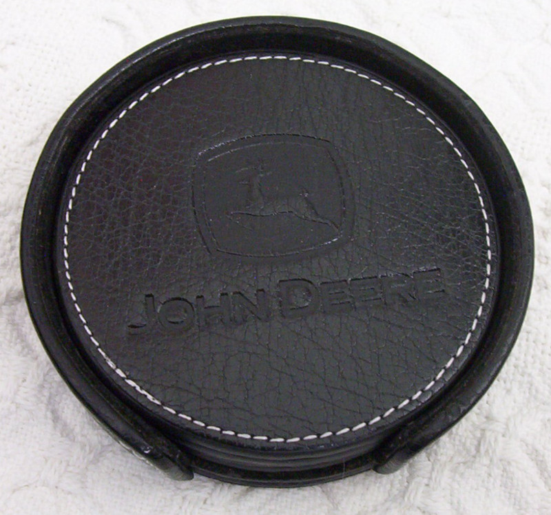 JOHN DEERE black leather COASTER set + caddy holder running deer logo gallery