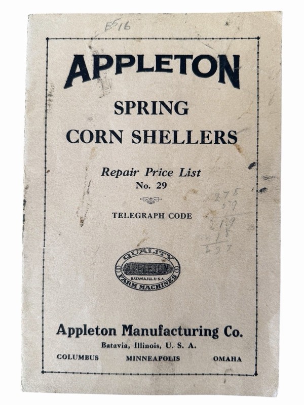 Appleton Mfg Co Spring Corn Shellers Parts List Batavia Illinois c.1929