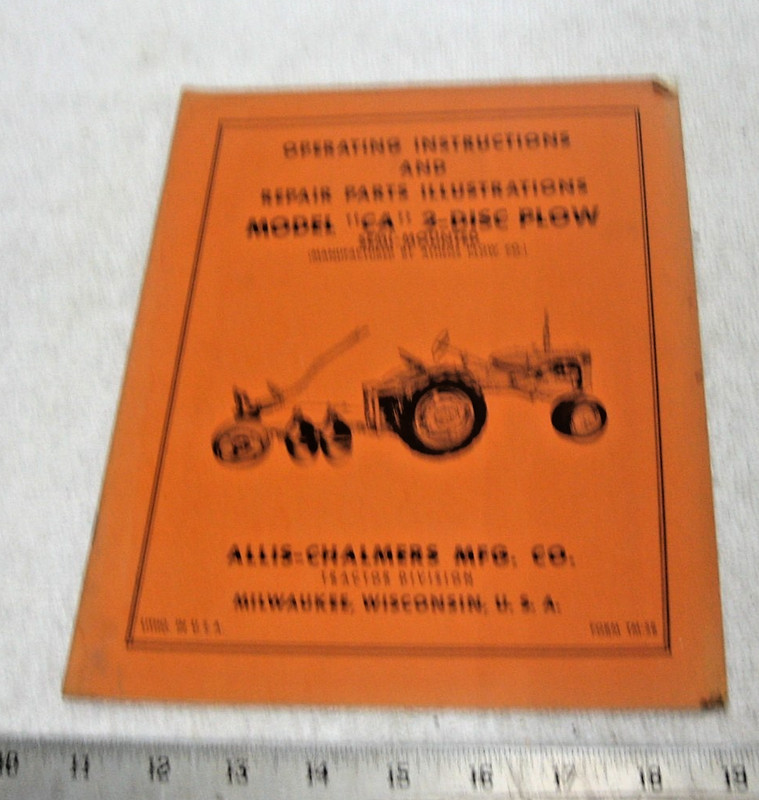VINTAGE ALLIS CHALMERS TRACTOR CA 2 DISK PLOW PARTS OPERATORS MANUAL