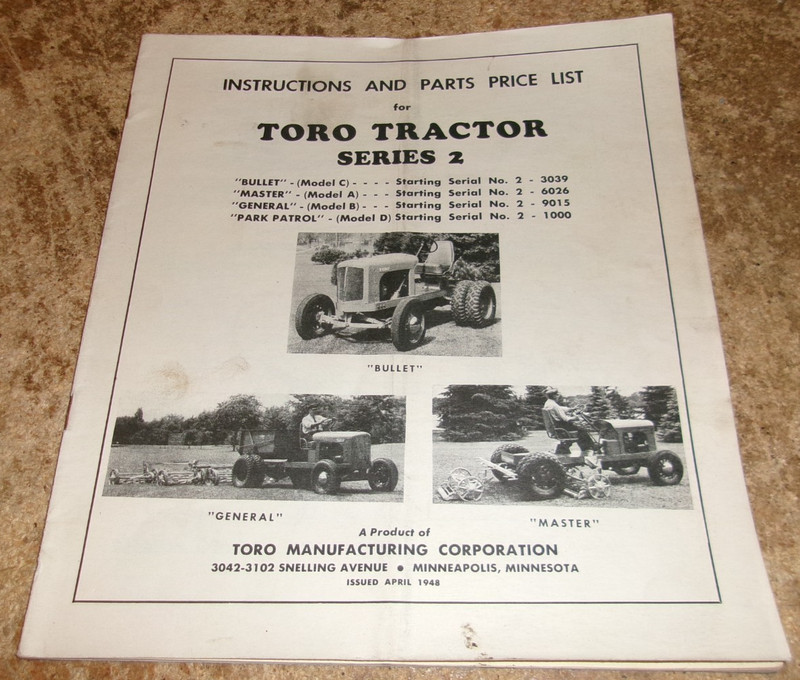 1948 toro tractor series 2 instructions/parts price list good used