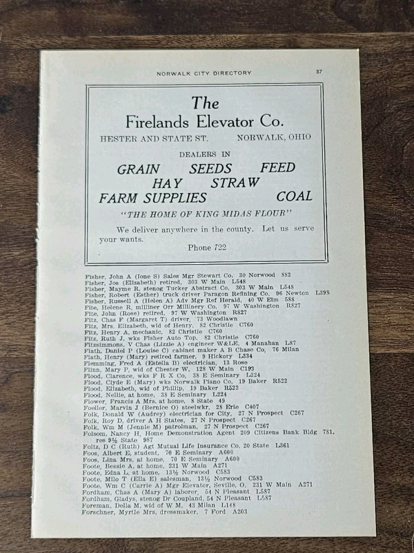Antique Firelands Elevator Co Feed Seed Farm Coal Grain Ad 1922 Norwalk Ohio