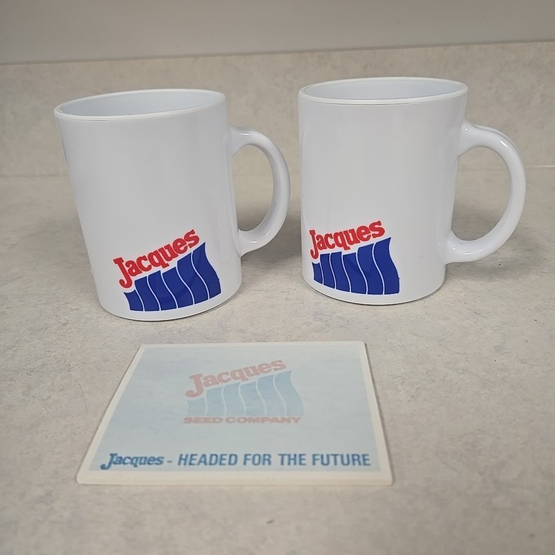 2 70s Jacques Seed Corn Mugs Cups NOS Plastic Melmac Red Blue Logo, Sticky Notes