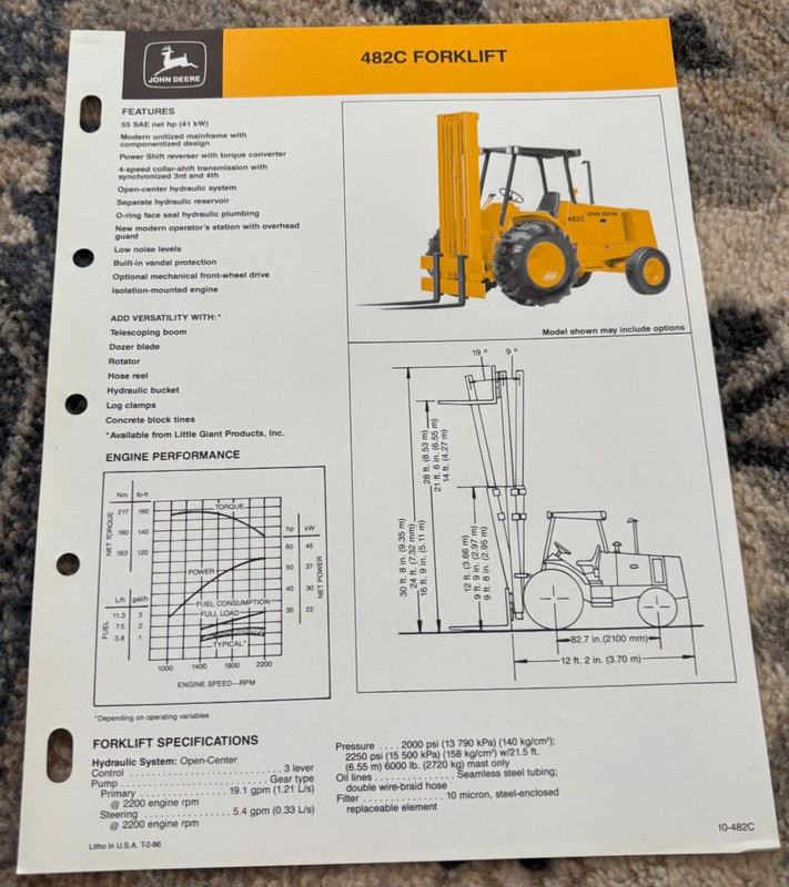 John Deere 482C Forklift For 1986 Brochure CWPA26