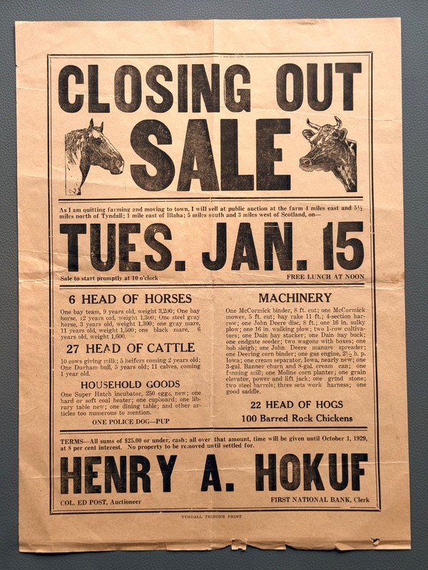 Vintage 1920’s TYNDALL South Dakota Farm Live Stock Auction Bill Sale Poster