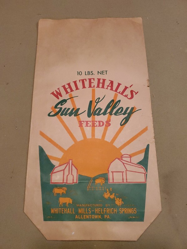 Vintage Feed Bag PAPER 10 Lbs. Allentown PA Whitehall Sun Valley Feeds 10” X 19”