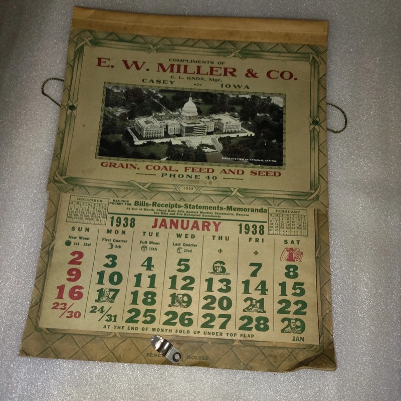 1938 E. W. Miller & Co. Casey Iowa Grain Coal Feed Seed Agricultural Calendar Ad gallery