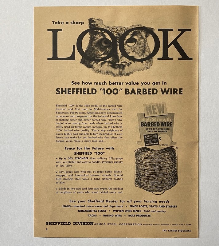 Sheffield 100 New High Strength Barbed Wire Armco Steel 1958 Farming Print Ad