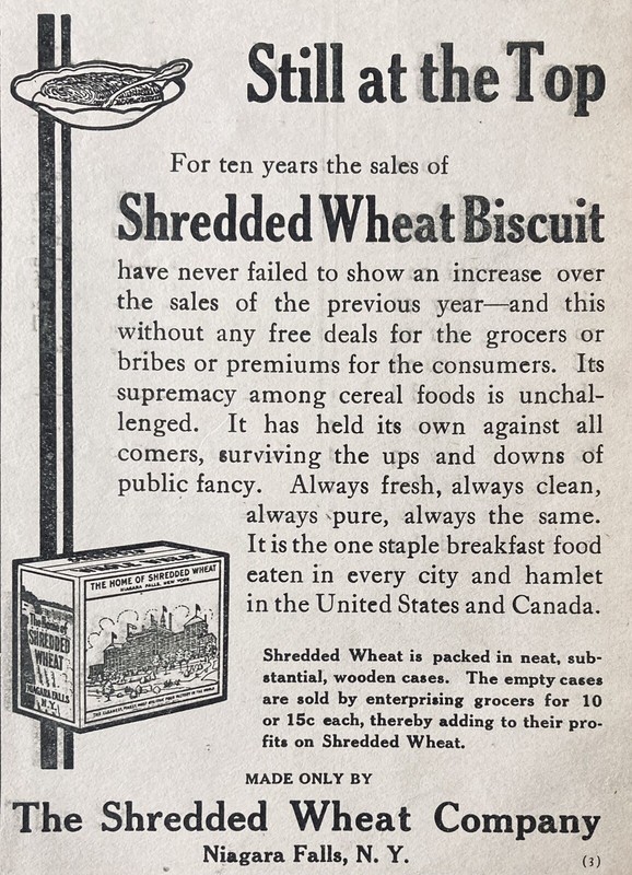 1913 AD.(XG15)~SHREDDED WHEAT CO. NIAGARA FALLS, NY. SHREDDED WHEAT BISCUIT