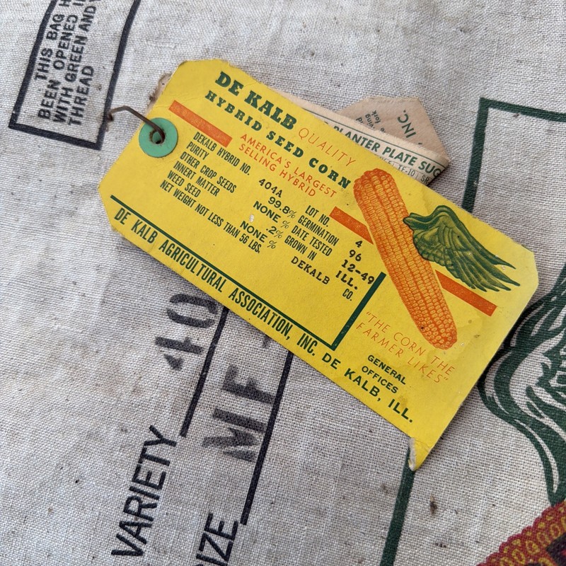 Set of 6 Dekalb Seed Hybrid Corn Lined Waterproof Bags 1940s W/Tags Seed Sack gallery