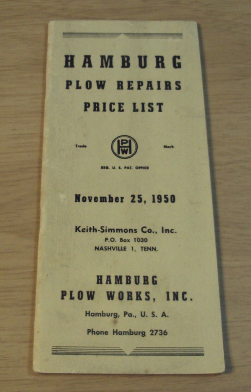 VTG 1950 PLOW Repairs Price List~”HAMBURG PLOW WORKS” Pennsylvania~(JR)
