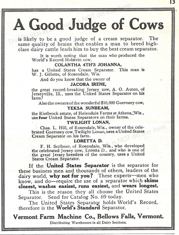 1911 United States Cream Separator Ad * Vermont Farm Machine Co Bellows Falls VT