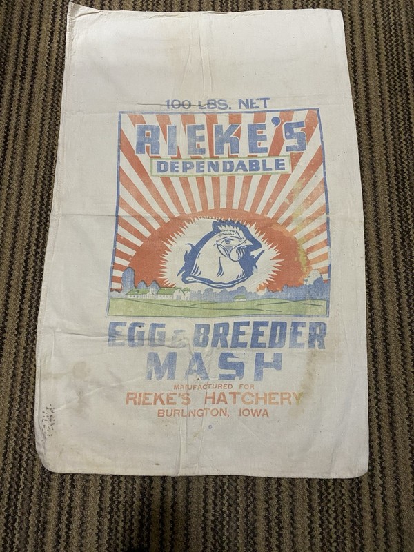 Vintage Rieke Hatchery Egg Breeder Mash Cloth Bag Farm Feed Sack Burlington IA