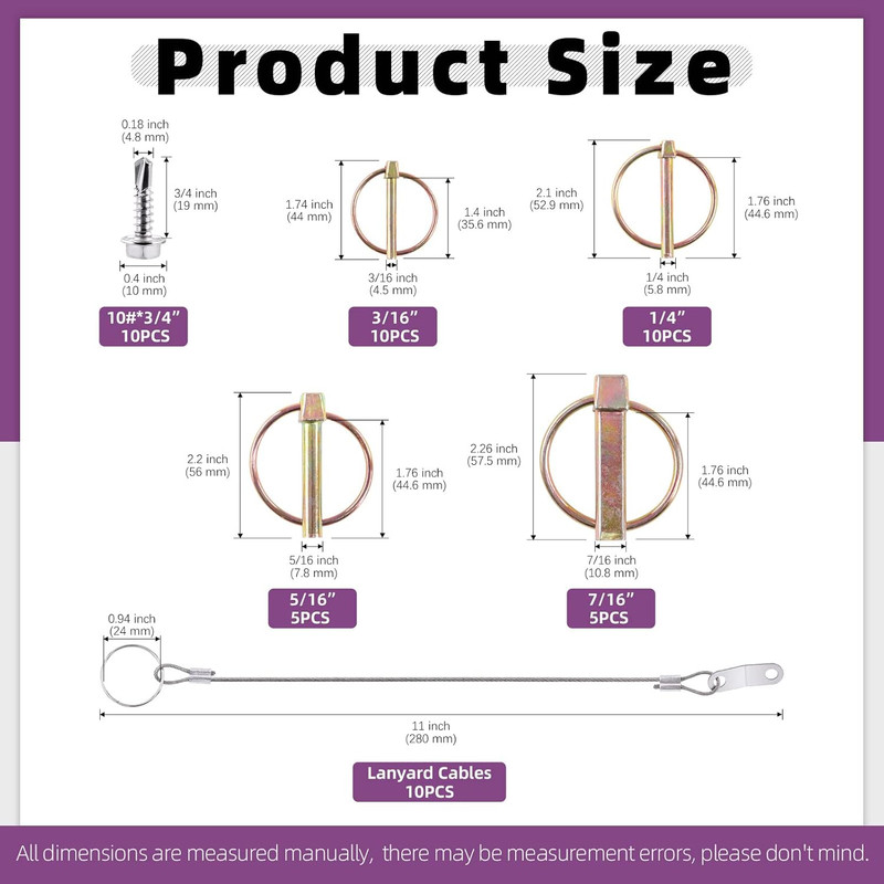 50Pcs 4 Sizes Spring-Loaded Lynch Pin Linch Pin and Stainless Steel Lanyard Cabl gallery