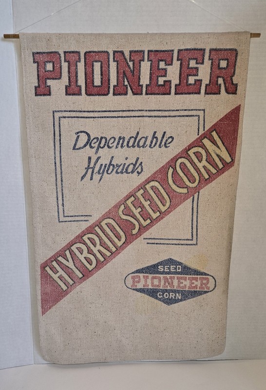 Pioneer Hybrid Seed Corn Hanging Sign. Dependable Hybrids Tan Cloth Bag Banner