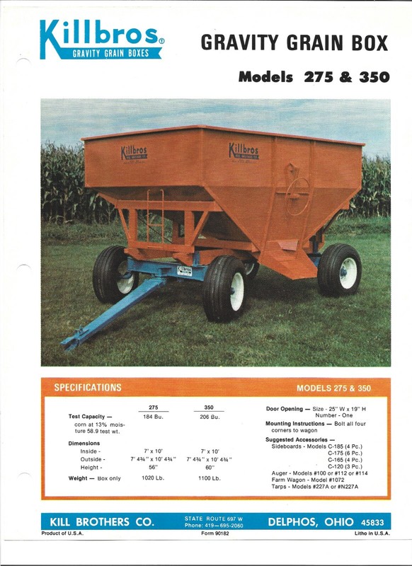 Original Killbros 275 and 350 Gravity Grain Box Sales Brochure Spec Sheet 90182