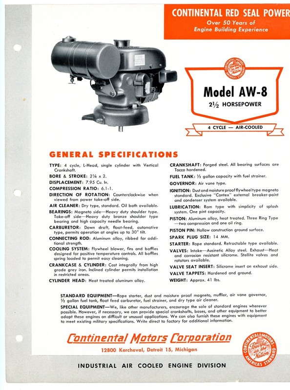 Continental Red Seal Air Cooled 2&1/2 HP Engine model AW-8 1954 sales brochure