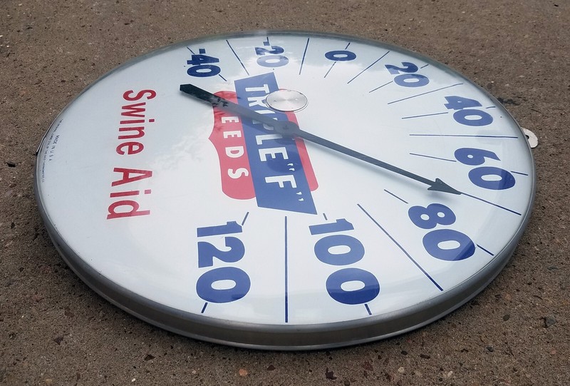 Vtg Swine Aid Triple F Feeds Jumbo Dial 18" Thermometer Farm Ag Advertising Sign gallery