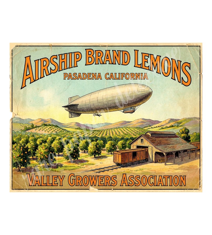Airship Brand Lemons Pasadena 1950s Style Label, Retro Advertising 10.5″ x 8″