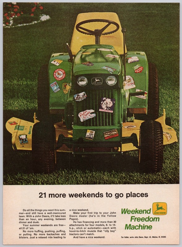 1969 JOHN DEERE Lawn Garden Tractor Print Ad Weekend Freedom Machine Decals