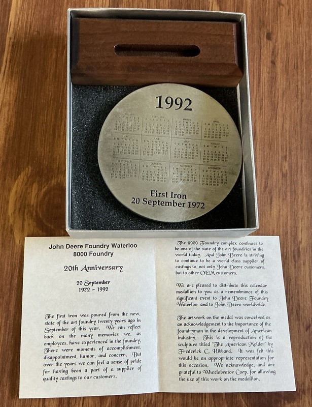 1992 John Deere Foundry Waterloo Melt Plate Medallion First Iron 8000 Foundry gallery