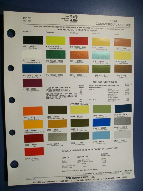 1974 AMC JEEP IH International SCOUT truck PPG paint chips set-VG