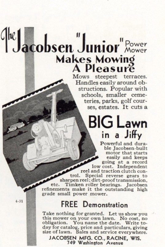 1931 Jacobsen Junior Lawn Mower: Makes Mowing a Pleasure Vintage Print Ad
