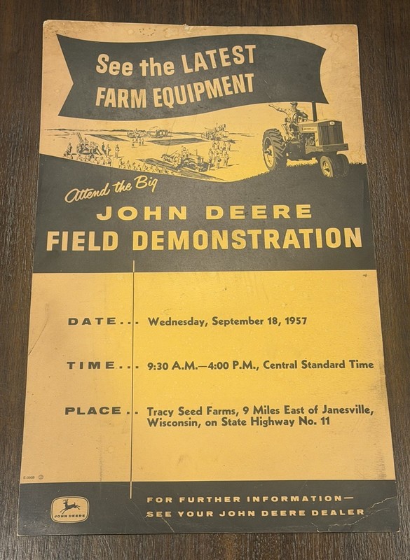 1957 John Deere Field Demonstration Farm Equipment Ad Poster Tracy Seed Farms WI