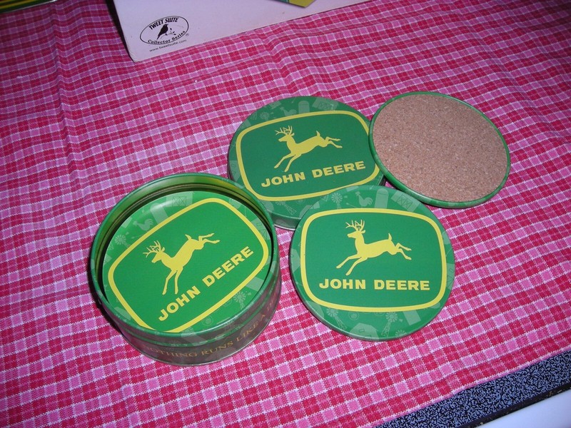 6 Pc JOHN DEERE Metal Coasters w/Cork Bottoms & Collectible Storage Tin
