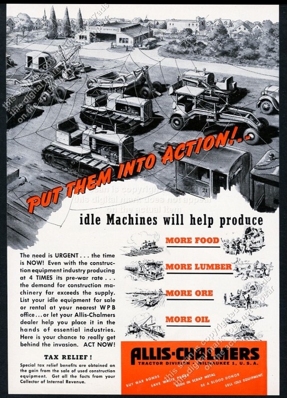 1944 Allis Chalmers tractor grader shovel in cobwebs art vintage trade print ad