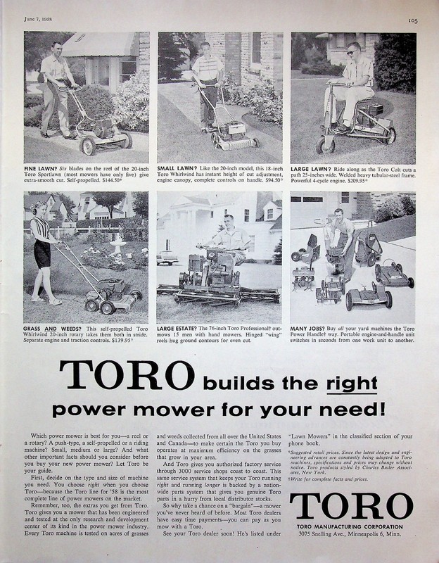 Toro Power Mower Lawn Mower Equipment 1958 Vintage Print Advertisement