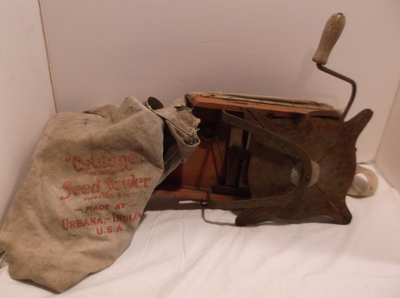 Vintage Cyclone Seed Sower Hand Crank Urbana Indiana Primitive w/Bag