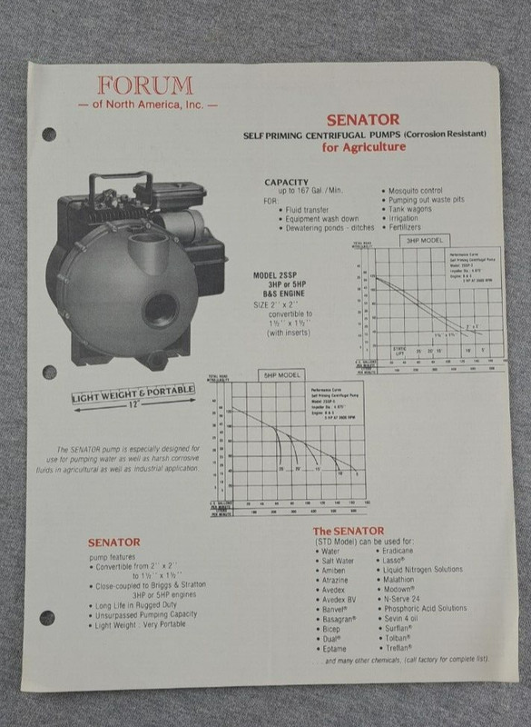 1970s Forum of N A Inc Senator Self Priming Pump for Agriculture Pamphlet