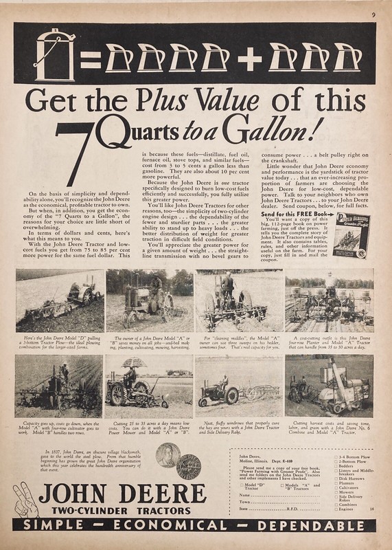 1937 AD.(XF24)~JOHN DEERE CO. MOLINE, ILL. JOHN DEERE TWO-CYLINDER TRACTORS