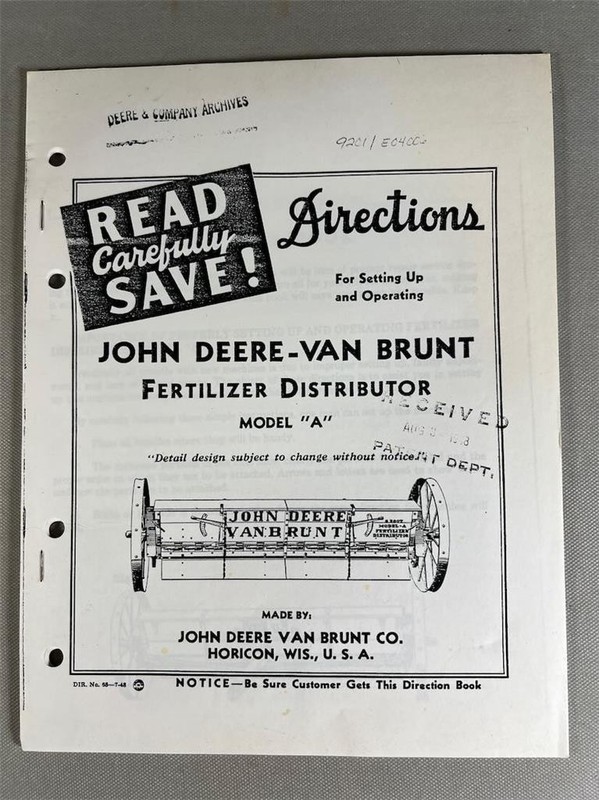 1948 John Deere Van Brunt fertilizer distributor manual / parts list reprint