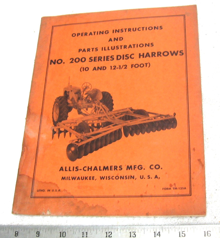 VINTAGE ALLIS CHALMERS TRACTOR 200 SERIES DISK HARROW PARTS OPERATORS MANUAL