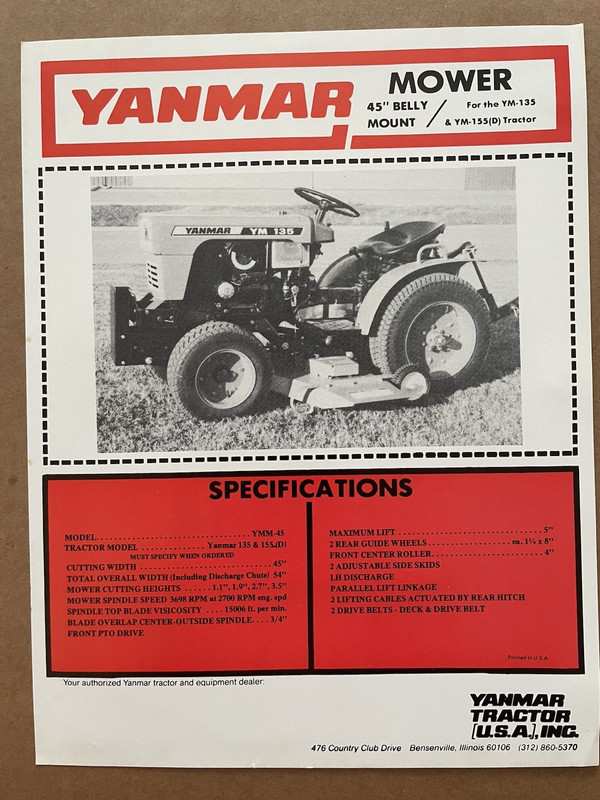Vintage YANMAR TRACTOR Cut-Out Brochure MOWER Belly Mount uncut YM-135 #36