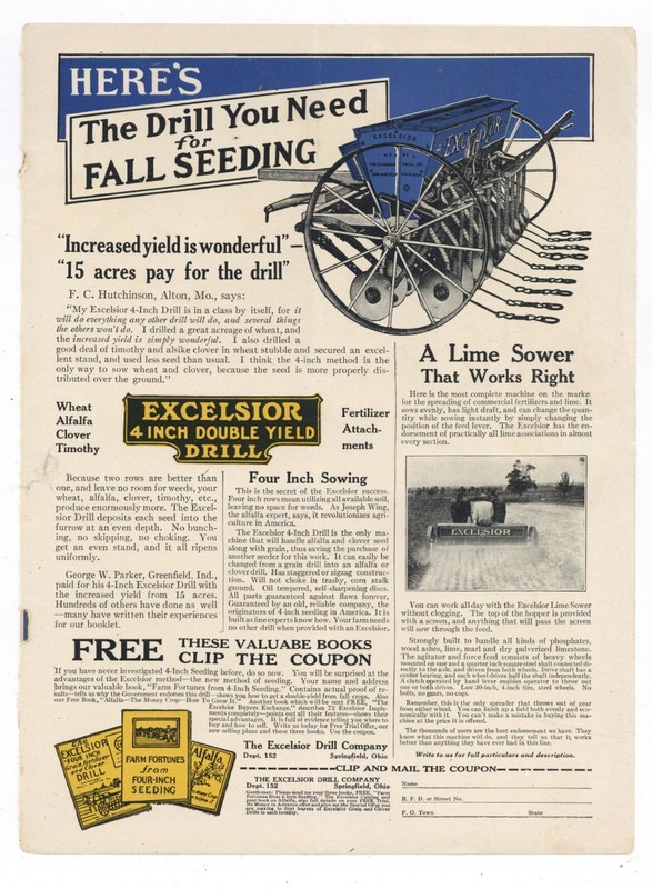 1917 Excelsior Drill Co. Print Ad: 4″ Double Yield Drill – Springfield, OhiO