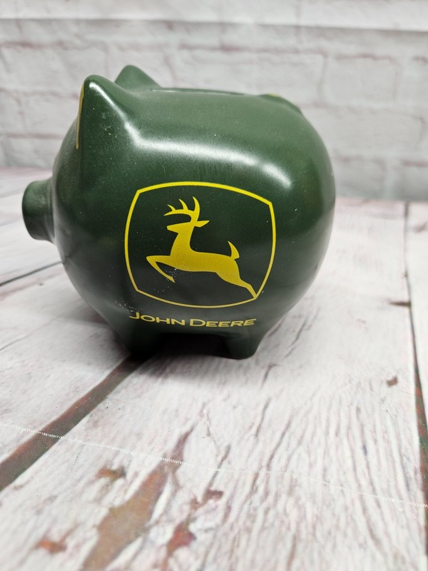 John Deere Ceramic Piggy Bank Stoneware Smiling Pig Green Yellow Authentic Logo gallery