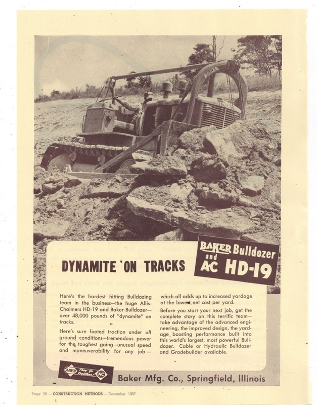 1947 Baker Mfg. Co. of Springfield, Illinois Ad: Allis Chalmers HD-19 Tractor