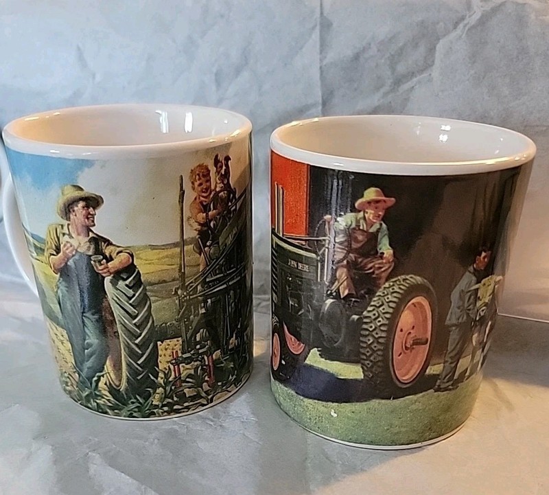 John Deere Coffee Mug Cup Vintage Country Tractor Boy & Dog Cow Gibson Set Of 2
