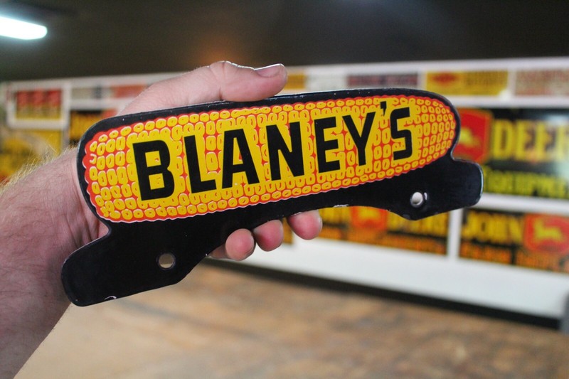 BLANEY’S HYBRIDS SEED CORN DEALER PORCELAIN METAL LICENSE PLATE TOPPER SIGN FARM
