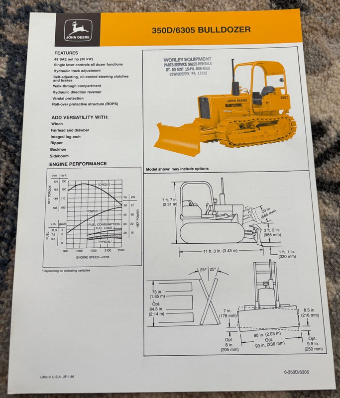 John Deere 350D Crawler 6305 Bulldozer For 1986 Brochure CWPA26
