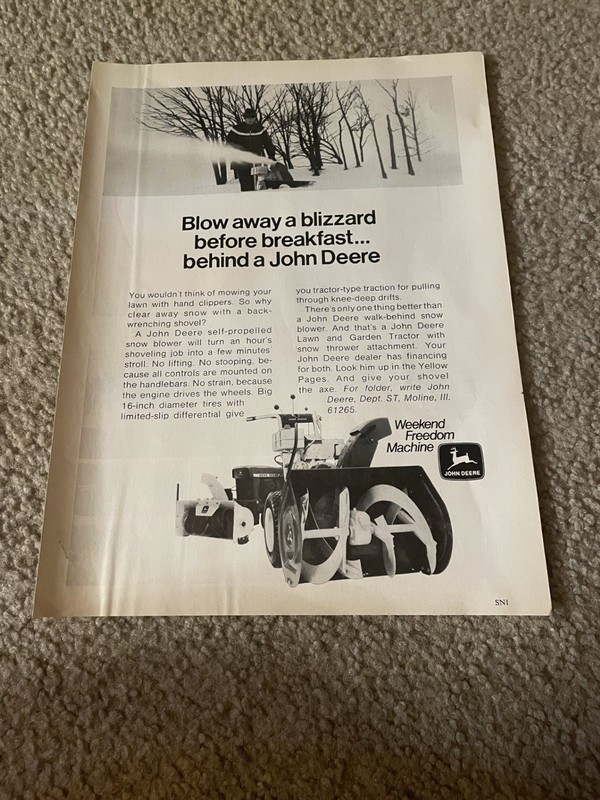 Vintage 1971 JOHN DEERE SNOW BLOWER PRINT AD 1970s SNOWBLOWER