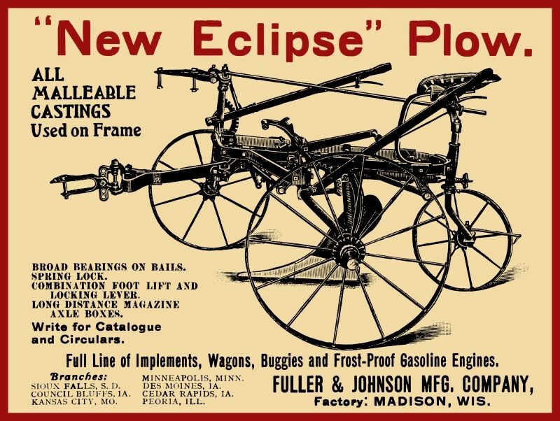 1905 Fuller & Johnson Eclipse Plow, Madison WI NEW METAL SIGN: 12×16″ Free Ship.