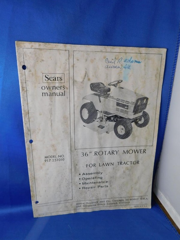 SEARS 36″ ROTARY MOWER LAWN TRACTOR OWNERS MANUAL ASSEMBLY OPERATING PARTS LIST
